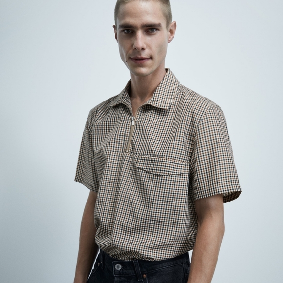 🟤⚪⚫ZARA TEXTURED CHECK SHIRT WITH POLO COLLAR🟤⚪⚫ - Picture 2 of 4